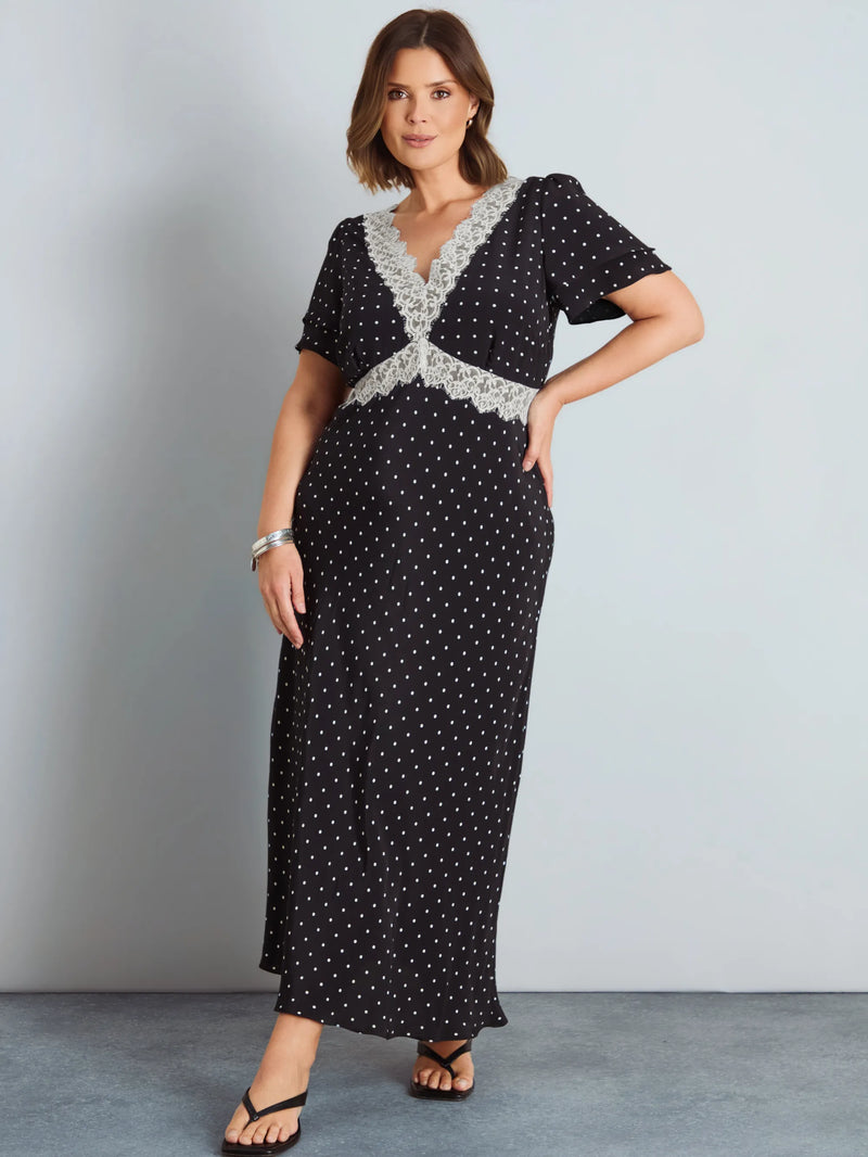 Black Polka Dot Lace Insert Maxi Dress