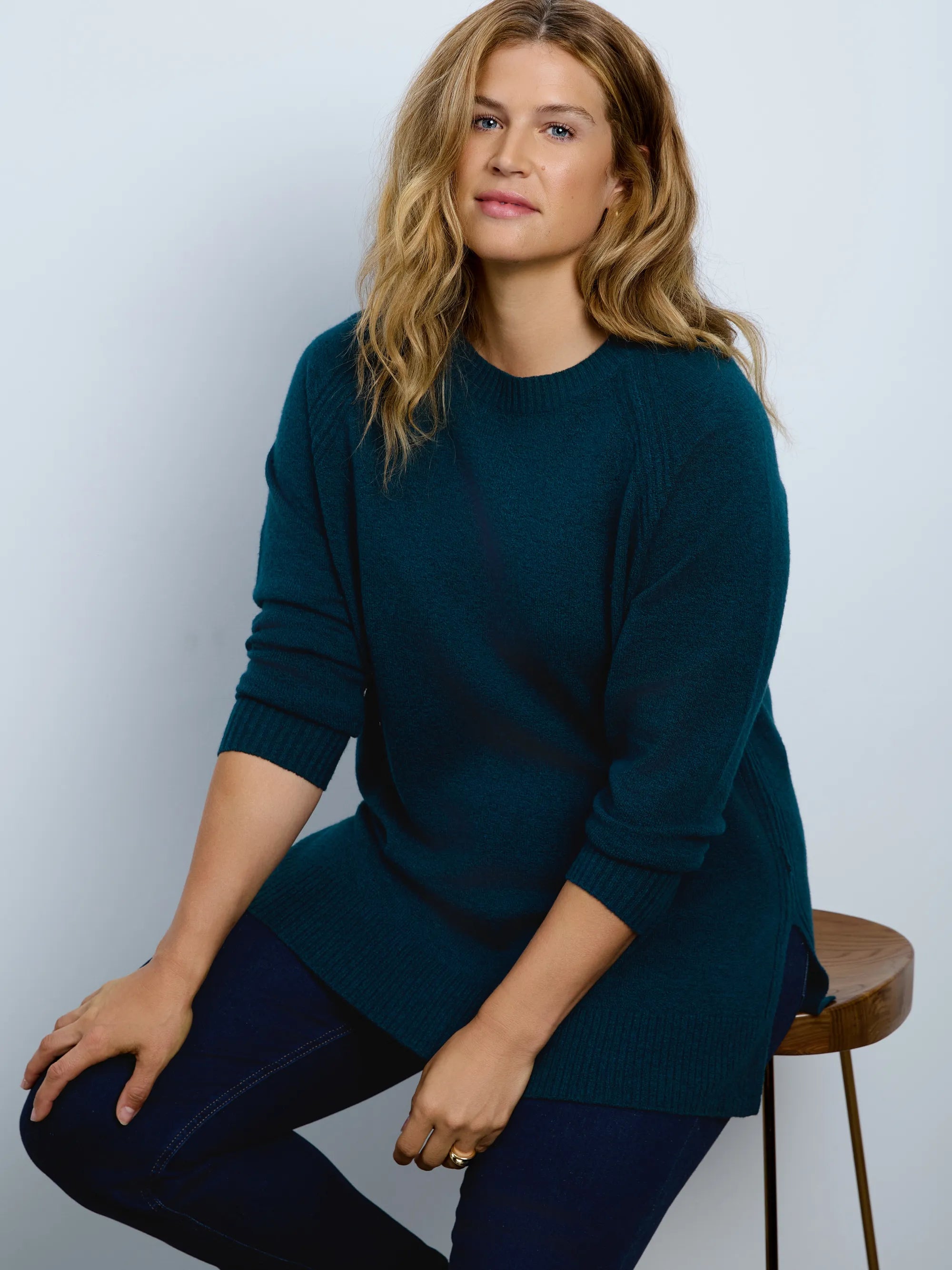 Deep teal green crew neck longline knitted jumper with long sleeves and a relaxed fit.