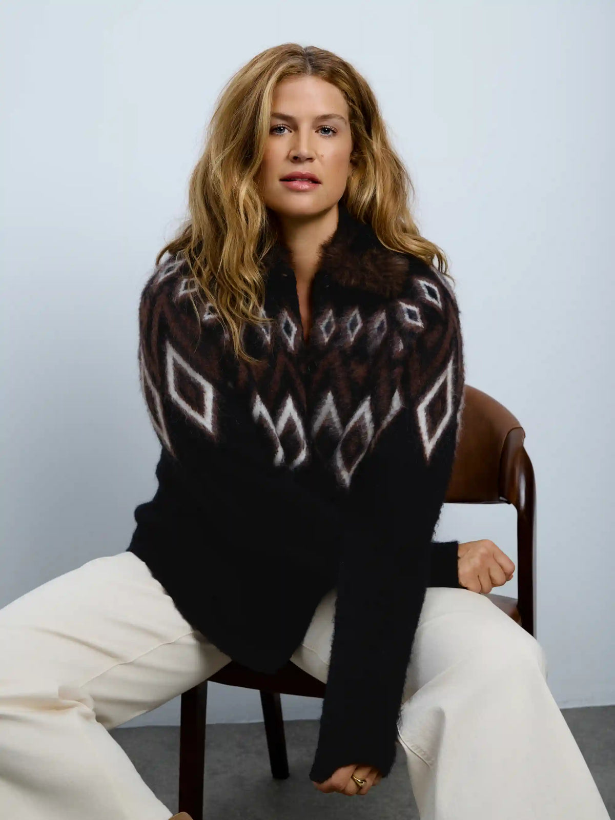 Brown Fair Isle Mohair Blend Faux Fur Collar Cardigan