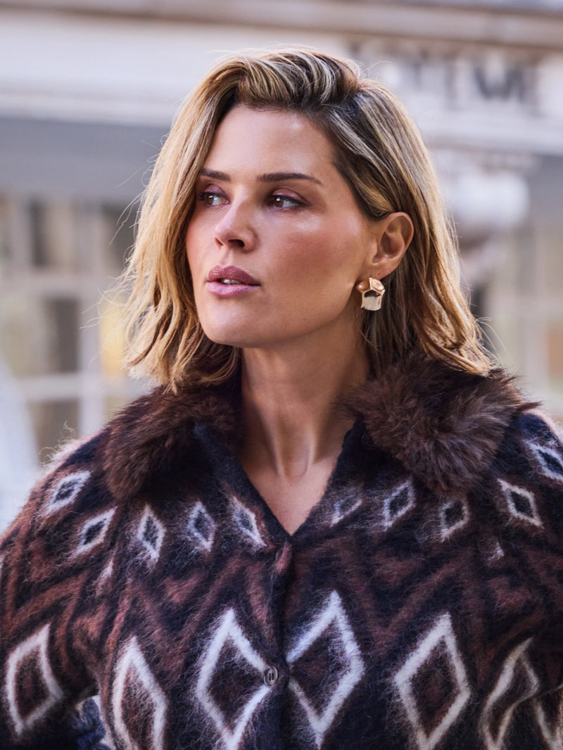Brown Fair Isle Mohair Blend Faux Fur Collar Cardigan