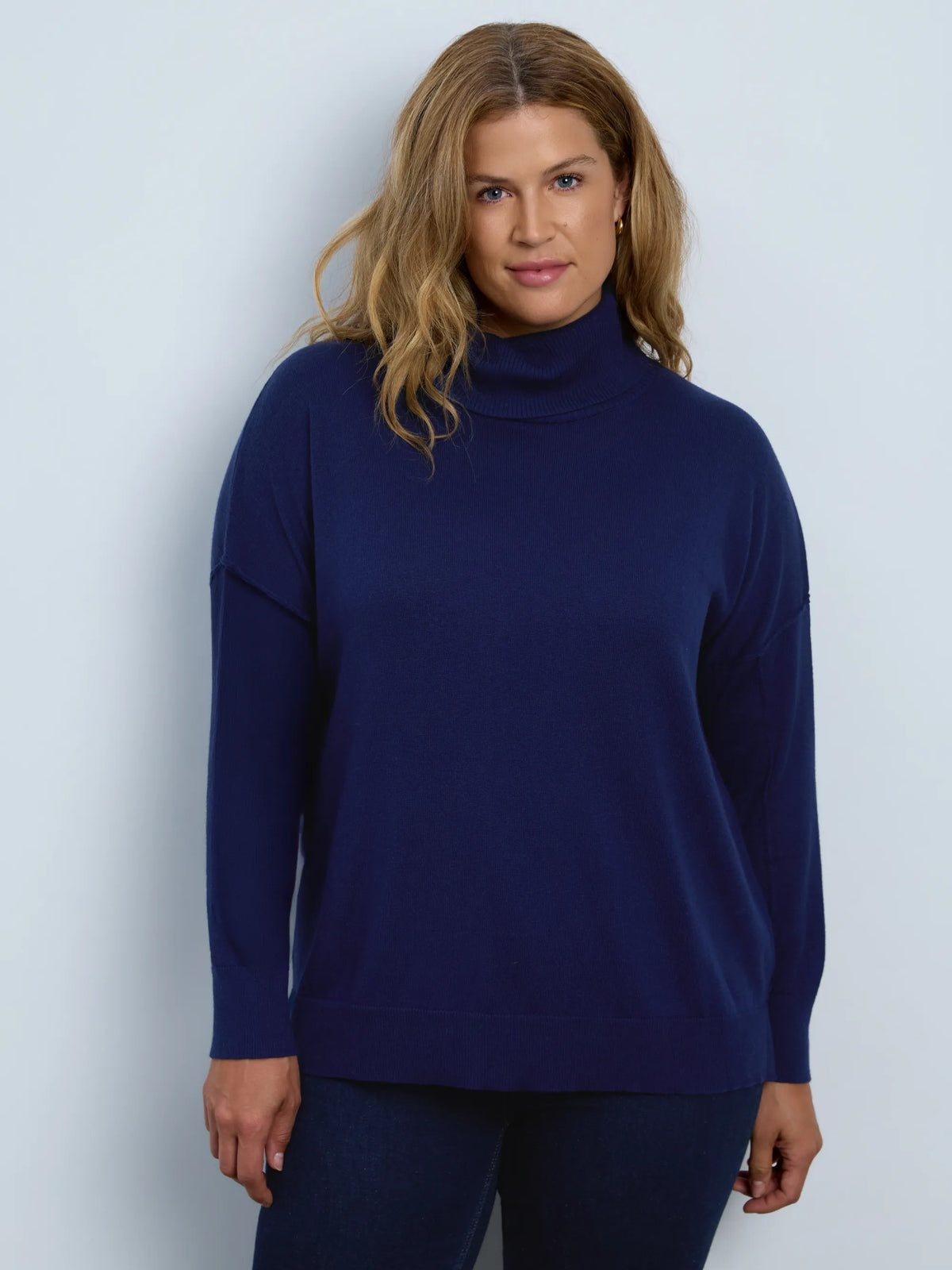 Navy Cotton Cashmere Blend Roll Neck Jumper
