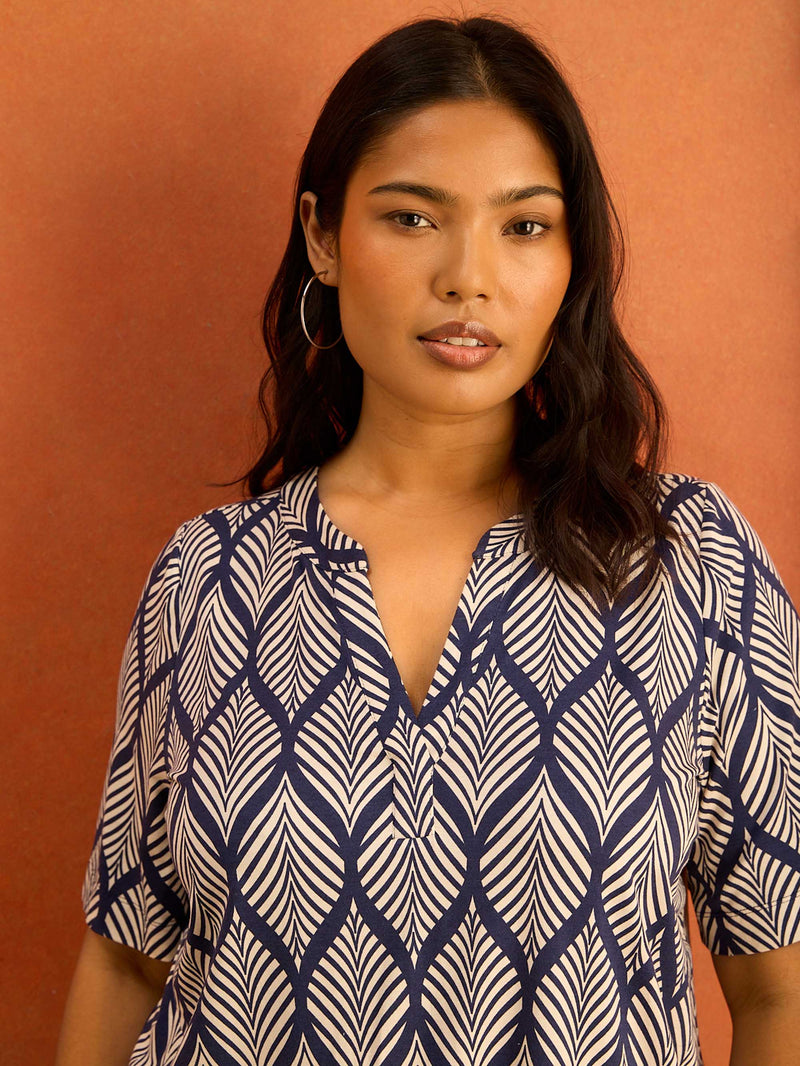 Navy Print Nehru Collar Short Sleeve Jersey Top