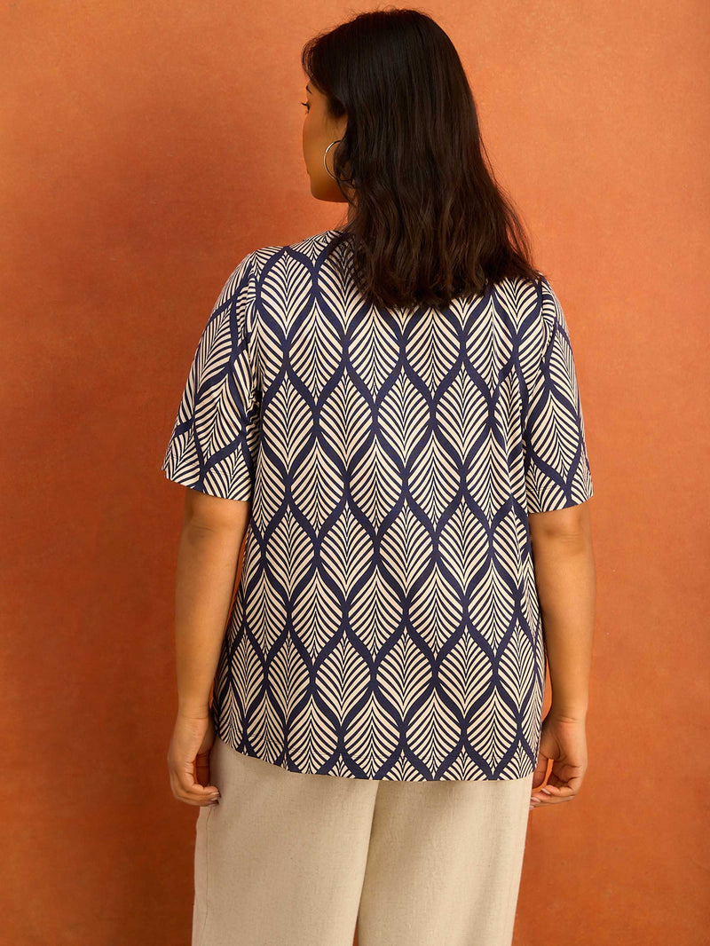 Navy Print Nehru Collar Short Sleeve Jersey Top