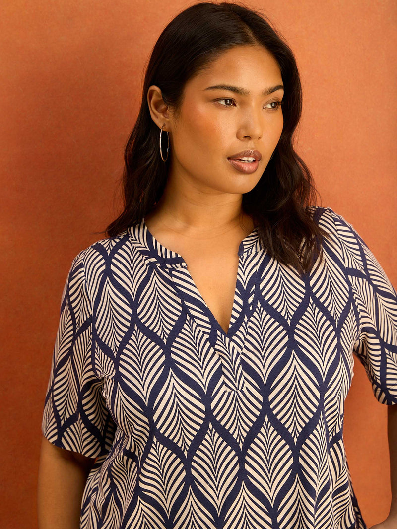Navy Print Nehru Collar Short Sleeve Jersey Top