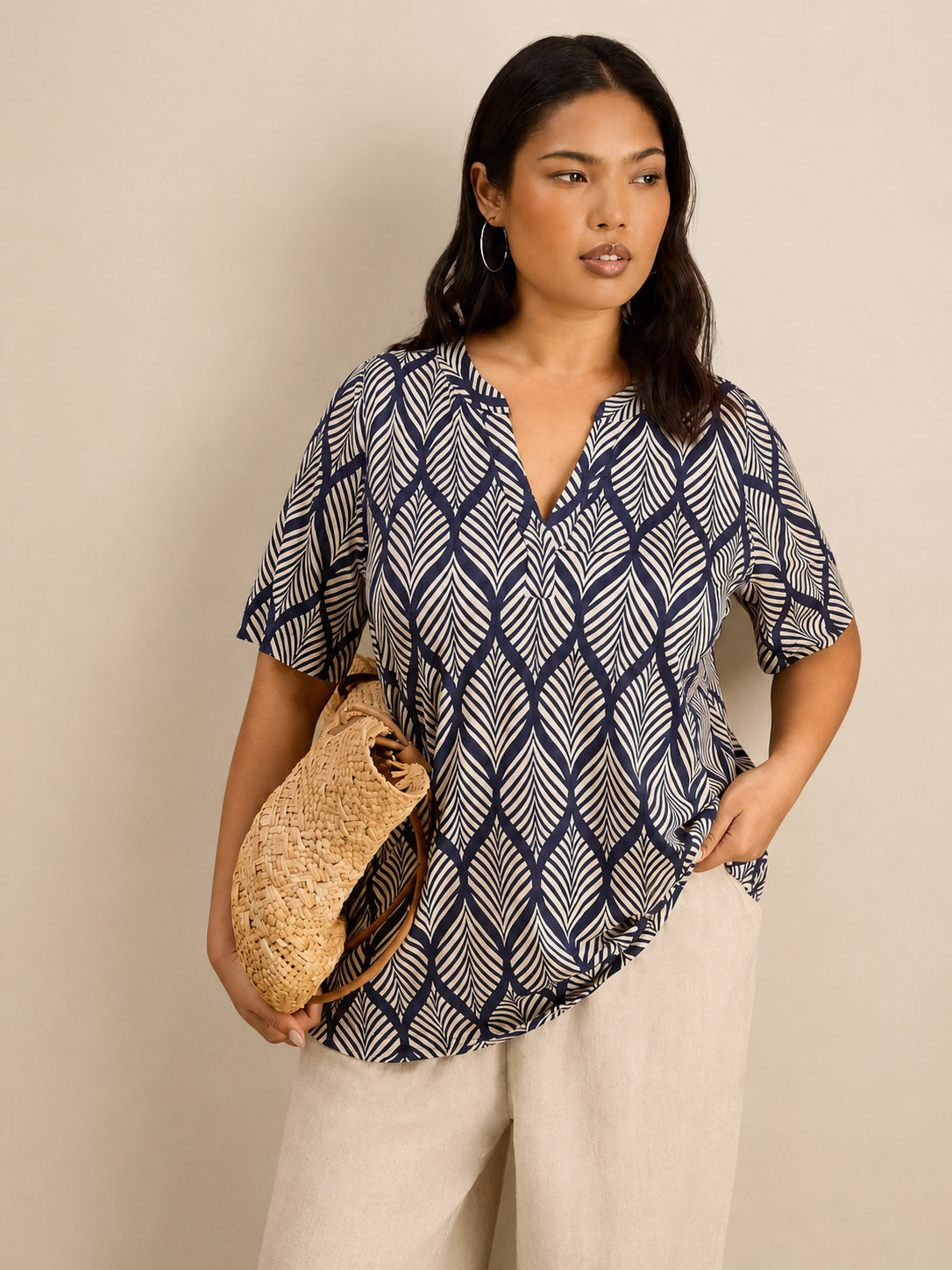 Petite Navy Print Nehru Collar Short Sleeve Jersey Top