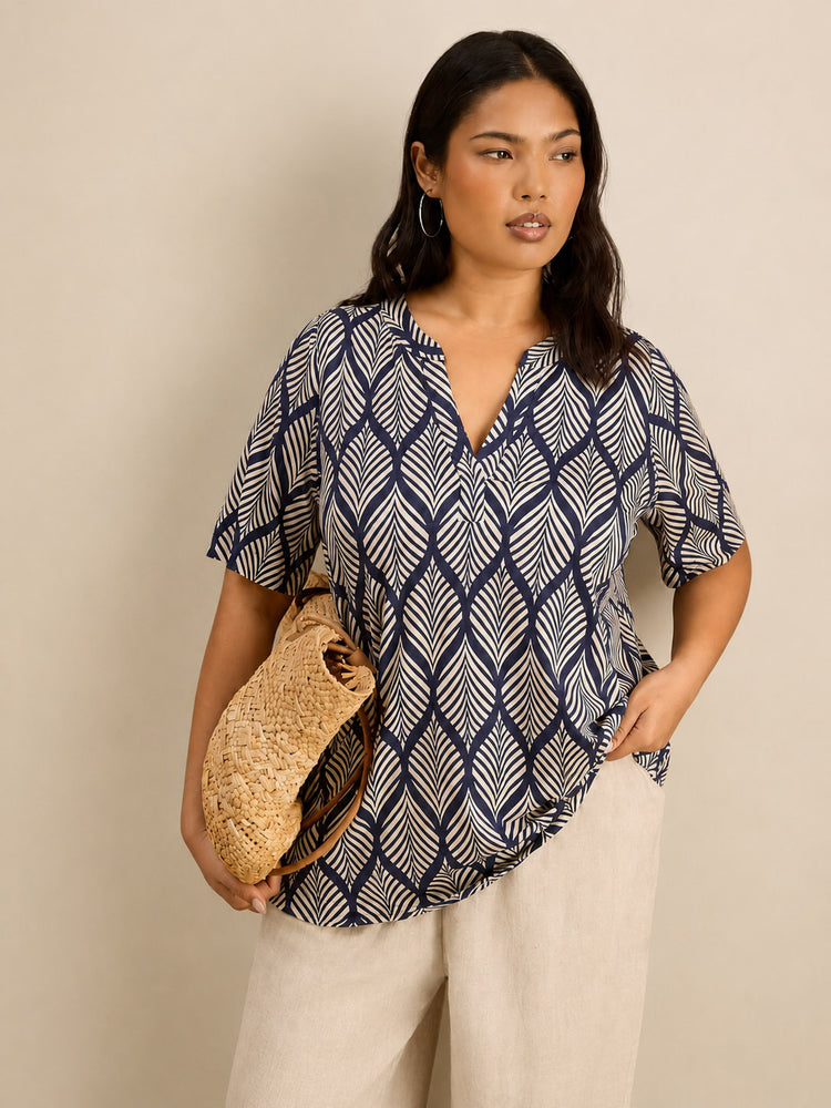 Petite Navy Print Nehru Collar Short Sleeve Jersey Top