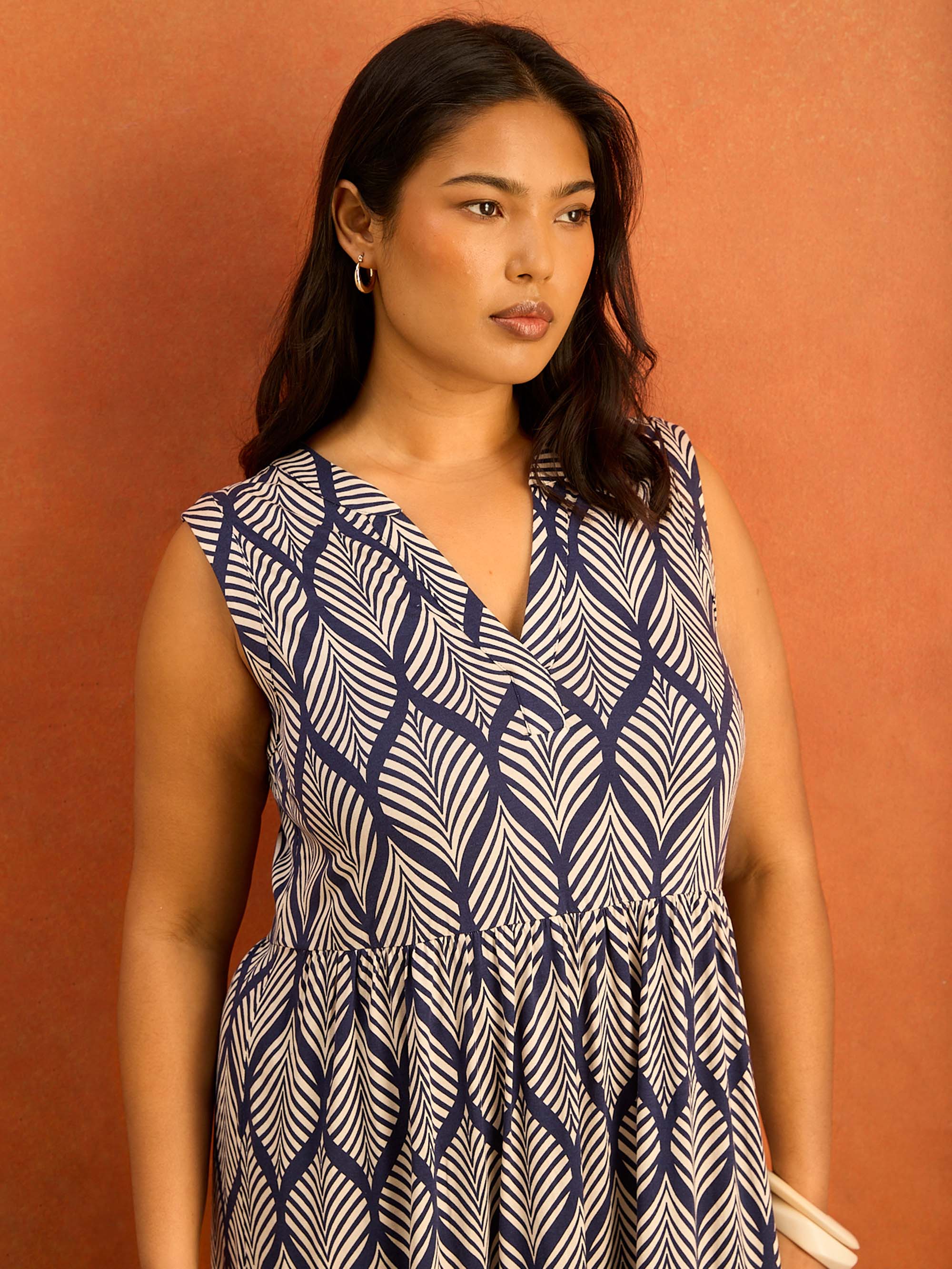Navy Print Nehru Collar Tiered Maxi Dress Curve Plus Size