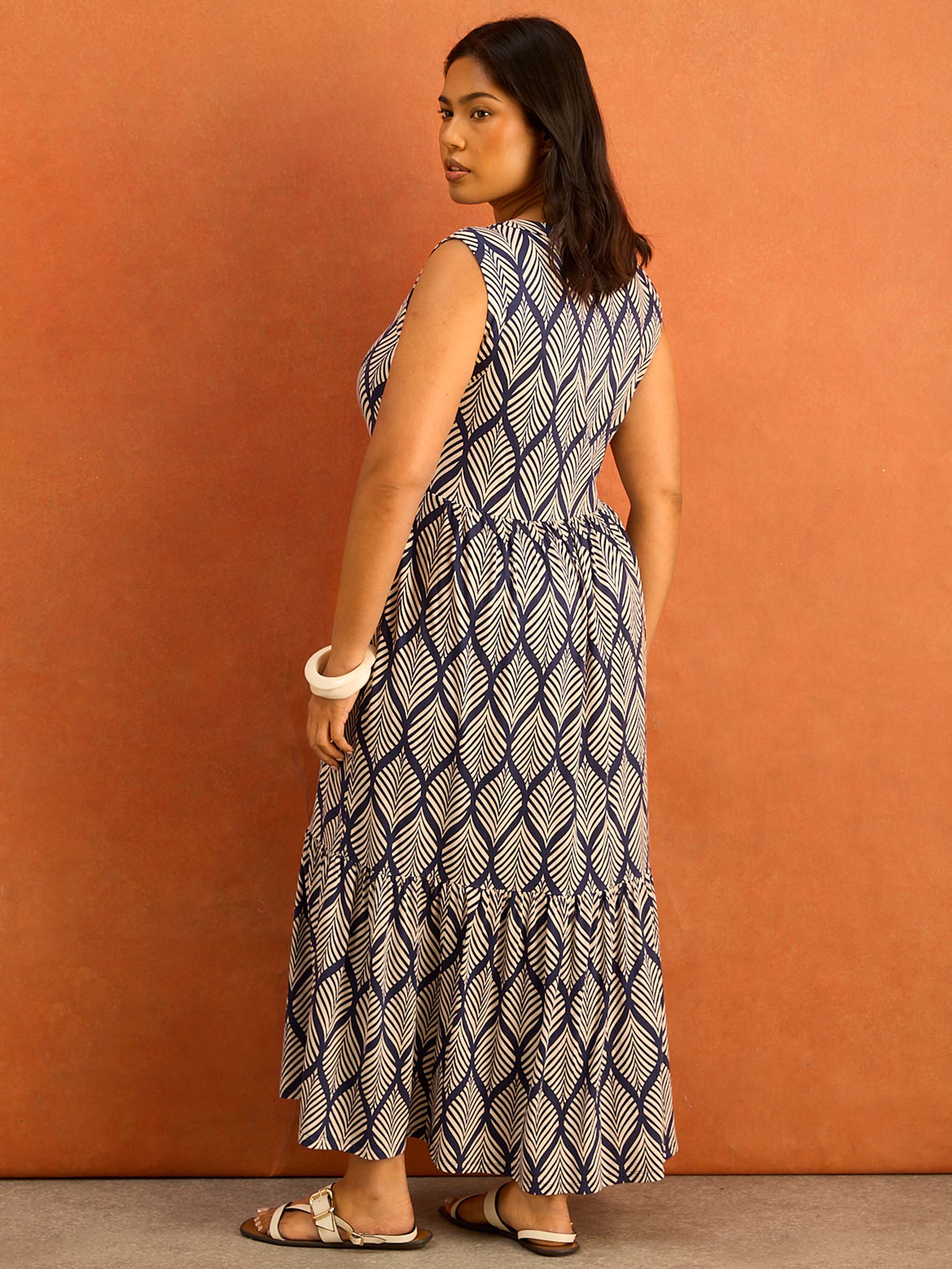 Navy Print Nehru Collar Tiered Maxi Dress Curve Plus Size
