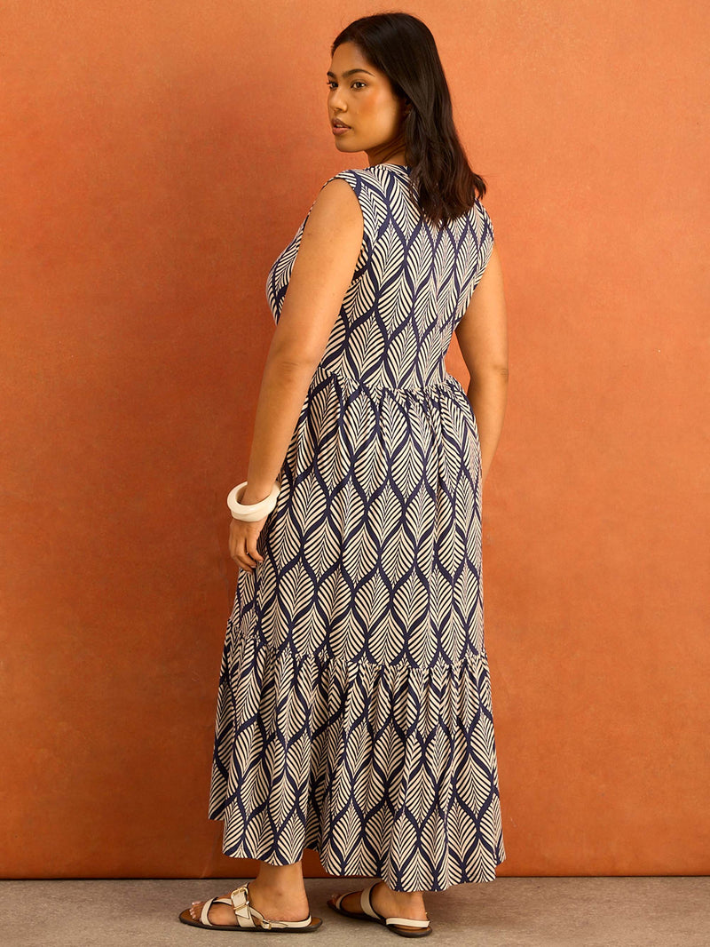 Navy Print Nehru Collar Tiered Maxi Dress Curve Plus Size