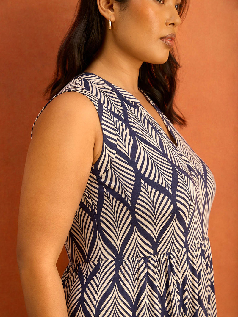 Navy Print Nehru Collar Tiered Maxi Dress Curve Plus Size