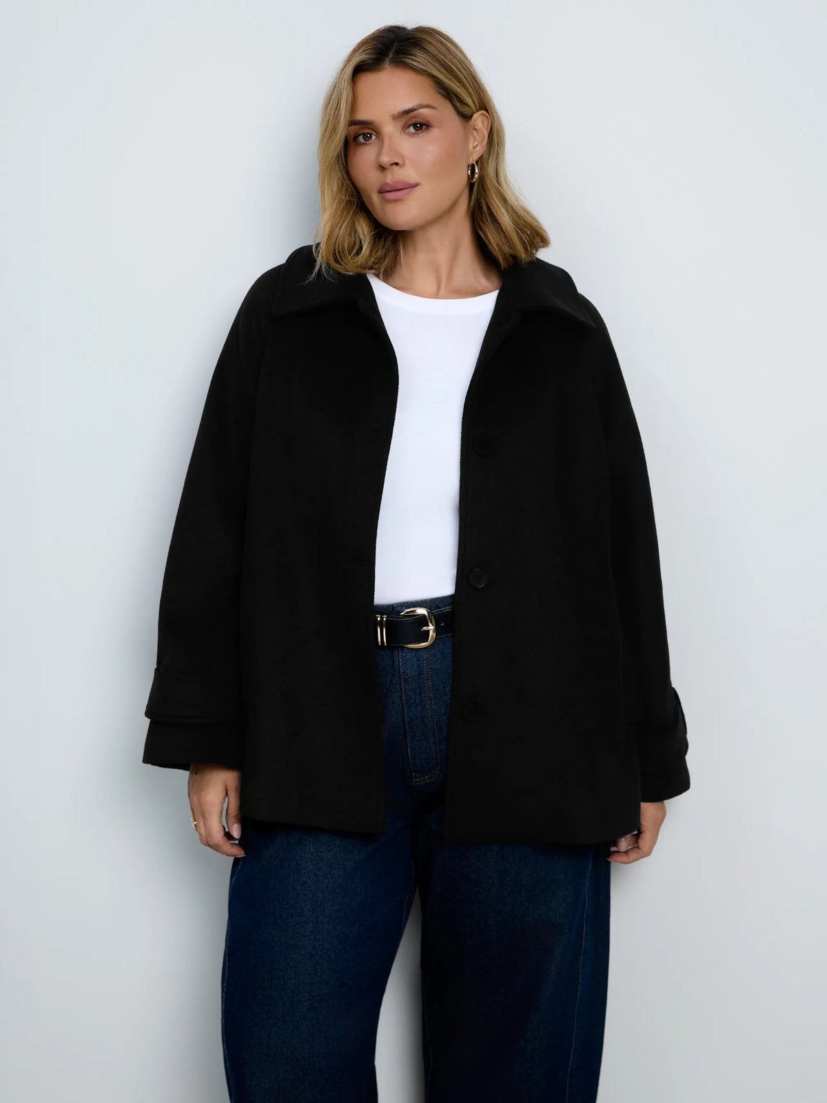 Black Wool Blend Jacket with Button Fastening