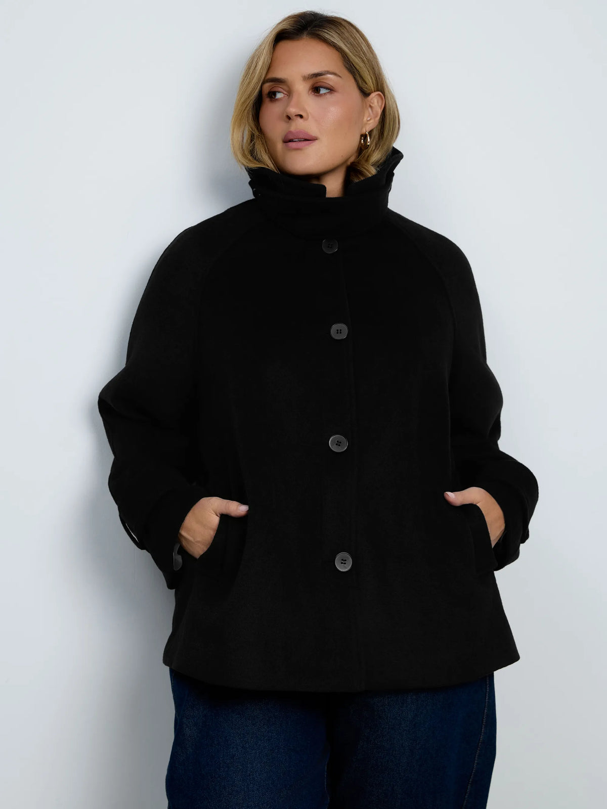 Black Wool Blend Jacket with Button Fastening