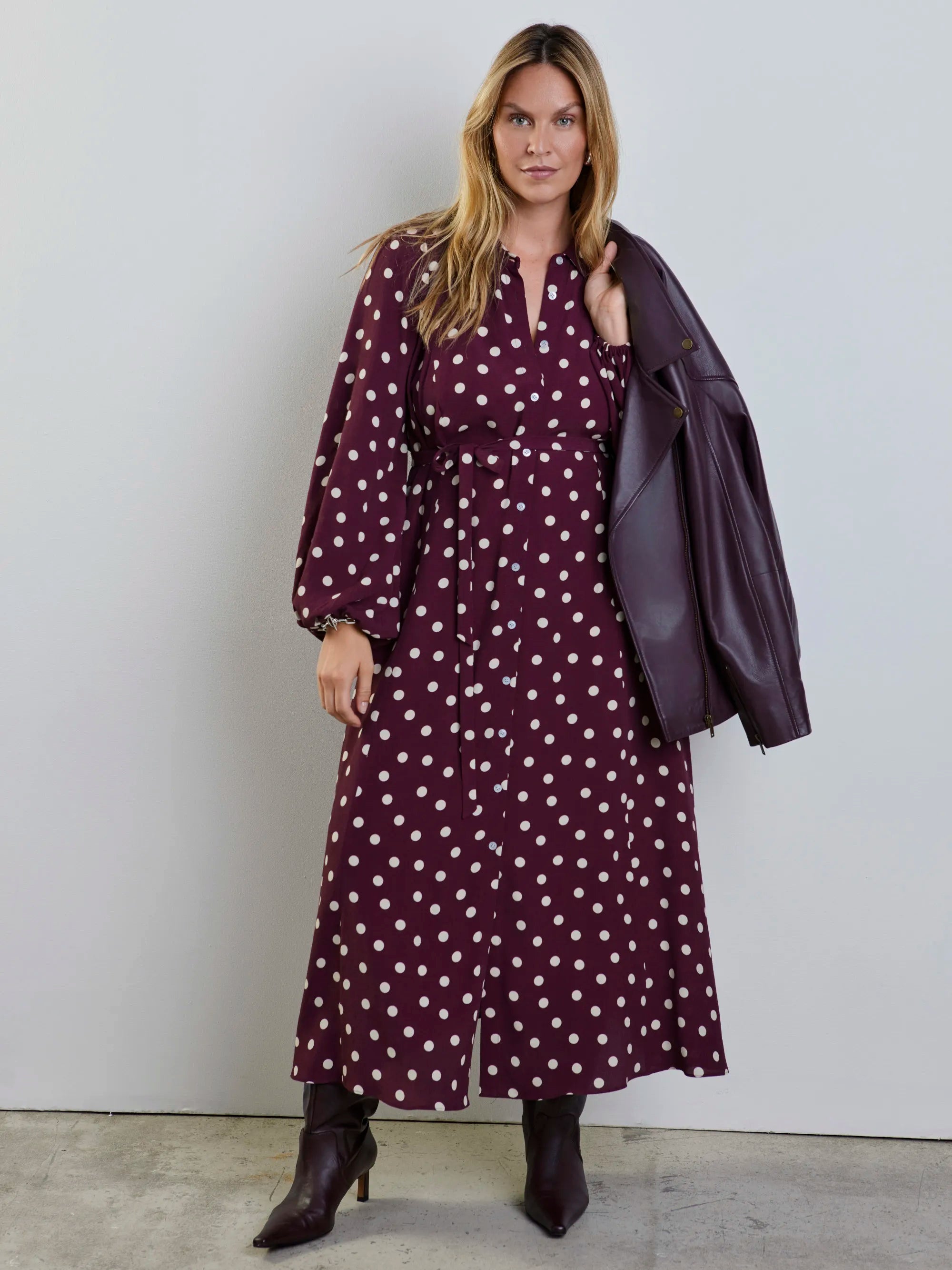 Plus size burgundy polka dot dress