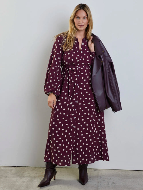 Plus size burgundy polka dot dress