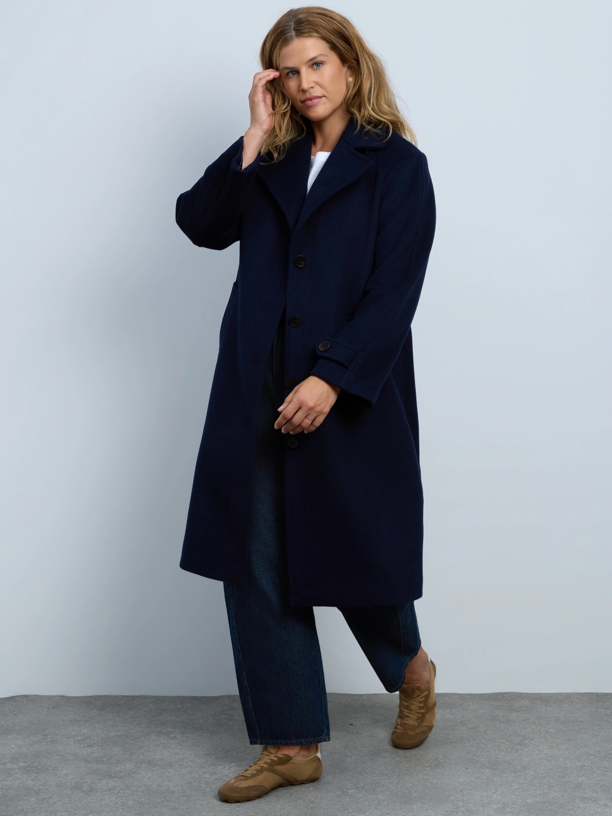 Navy Wool Blend Tailored Coat