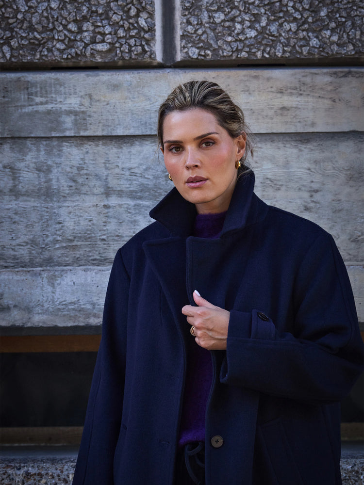Navy Wool Blend Tailored Coat
