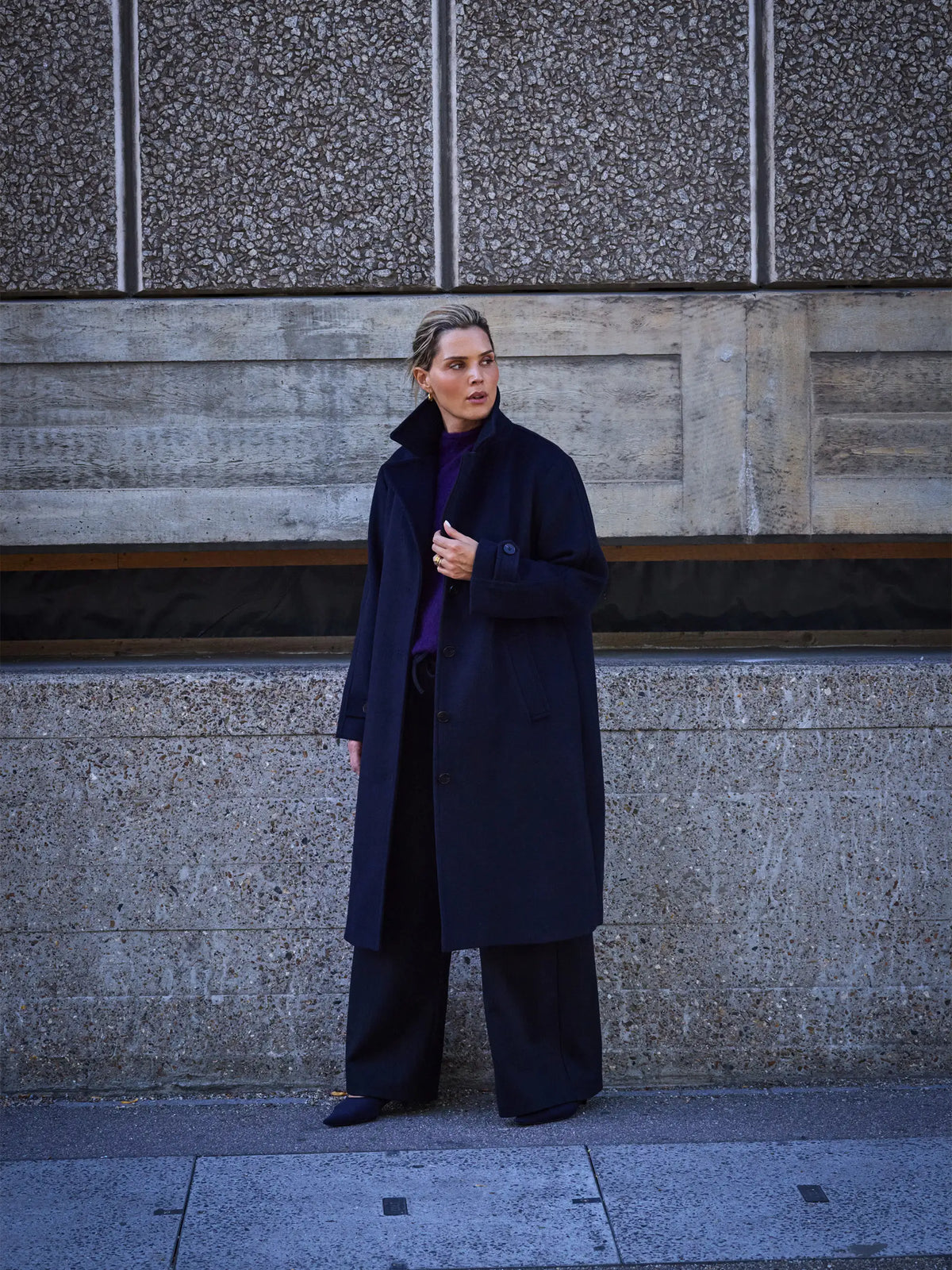 Navy Wool Blend Tailored Coat