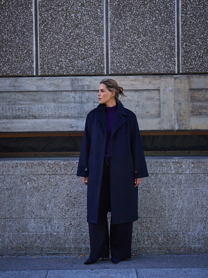 Navy Wool Blend Tailored Coat
