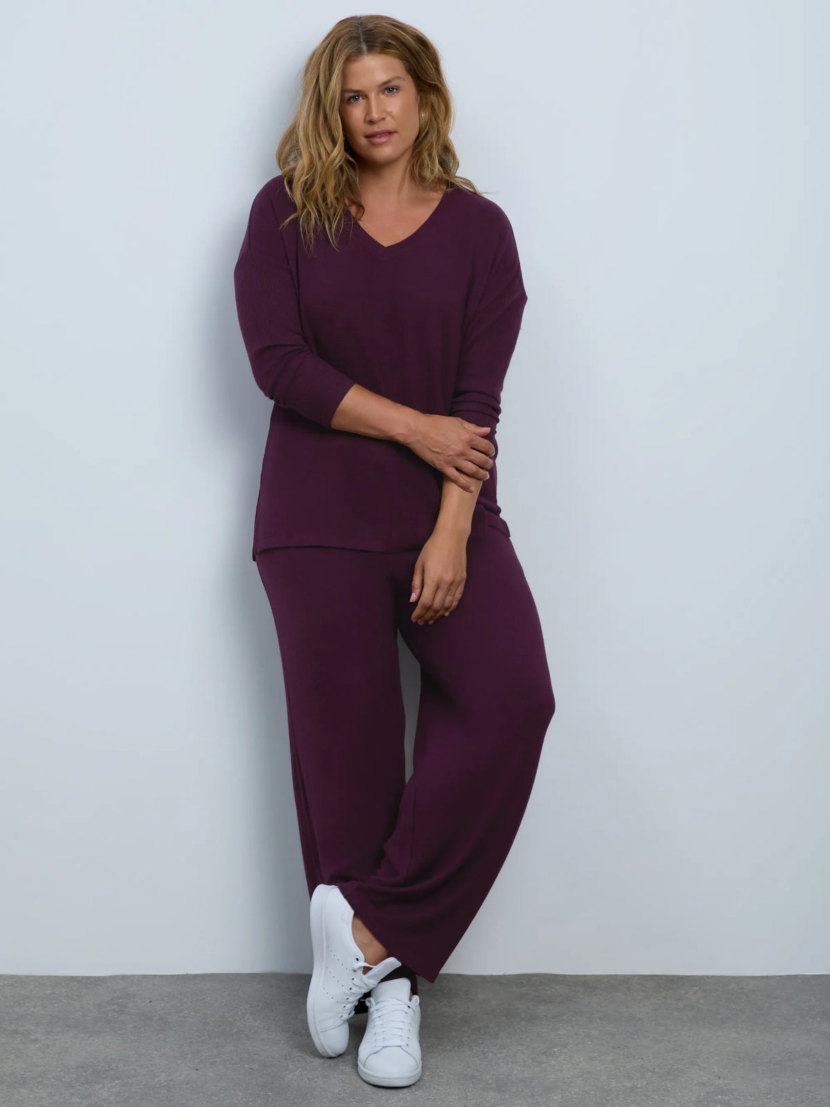 Plum Supersoft V Neck Top Ribbed Sleeve