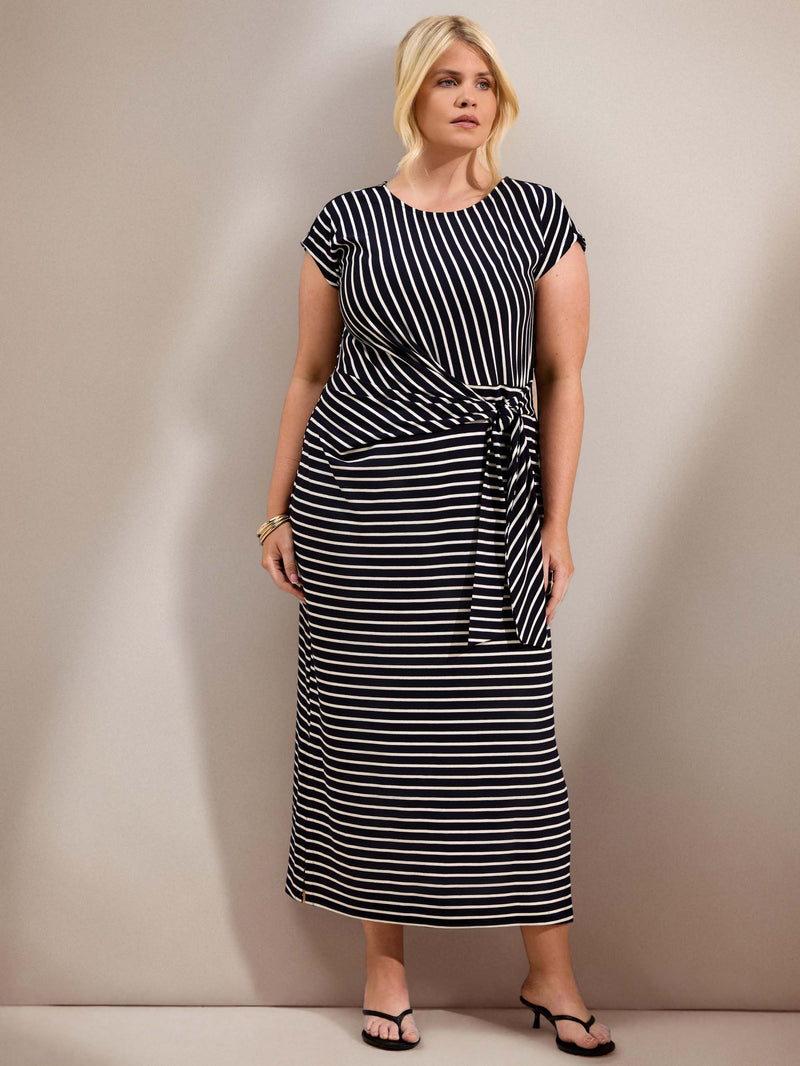 Navy Stripe Jersey Side Tie Maxi Dress