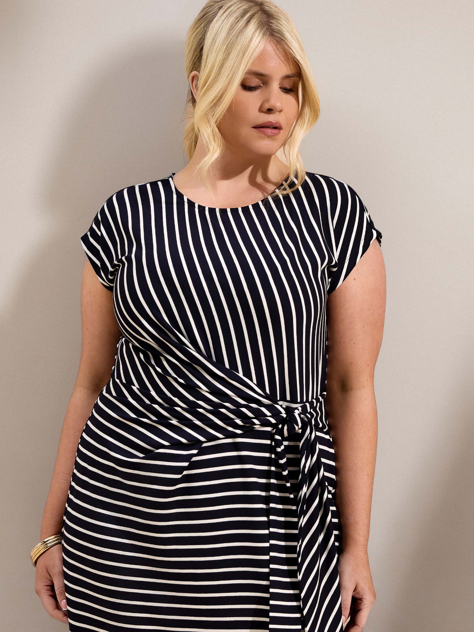 Navy Stripe Jersey Side Tie Maxi Dress