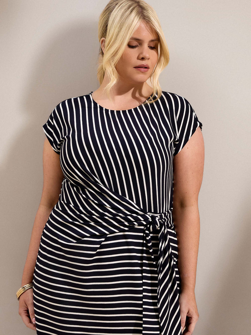 Navy Stripe Jersey Side Tie Maxi Dress