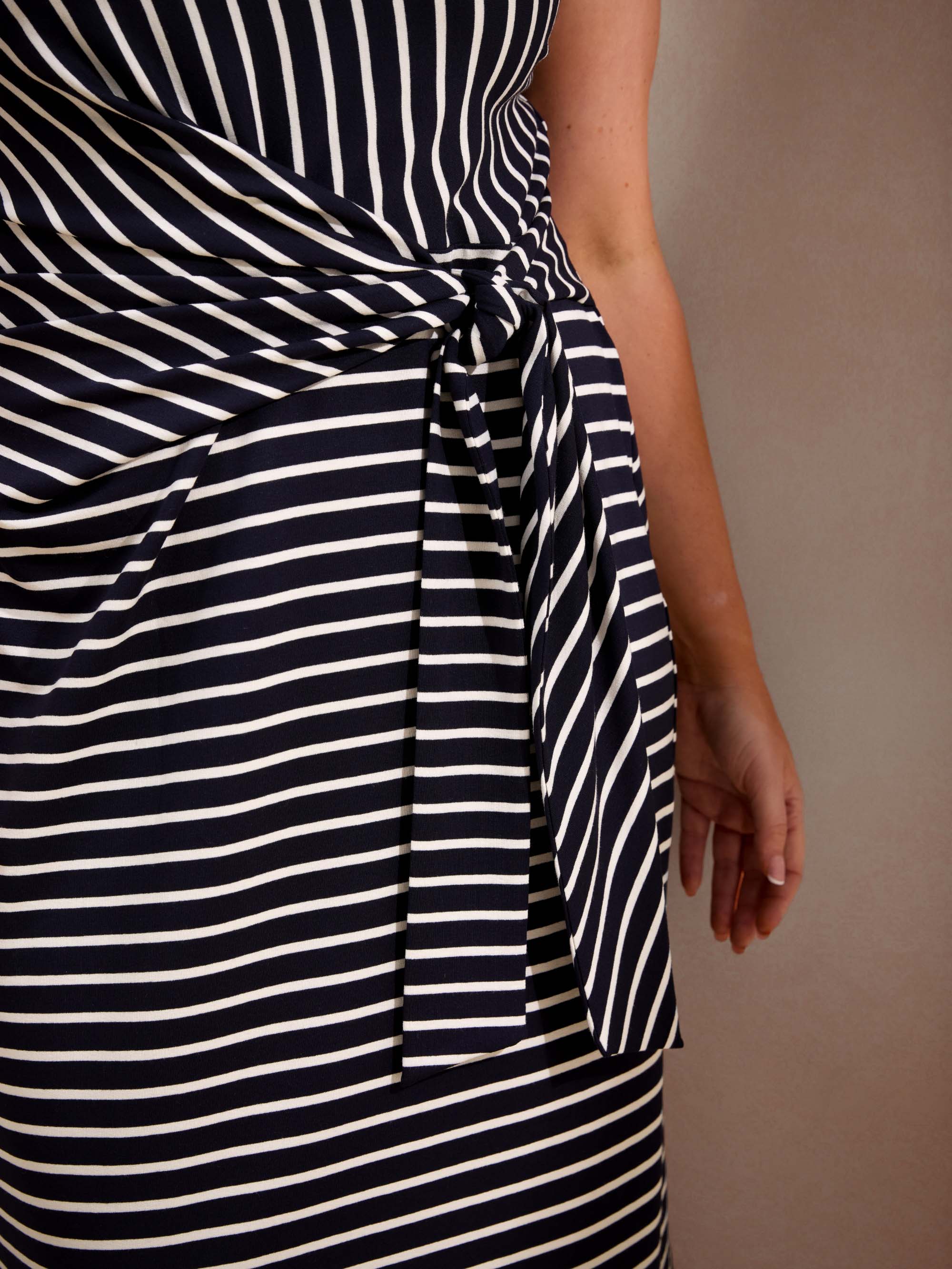 Navy Stripe Jersey Side Tie Maxi Dress