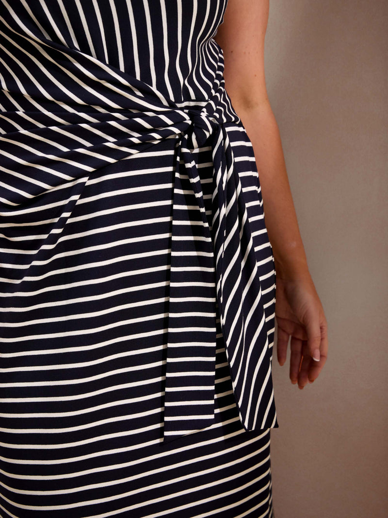 Navy Stripe Jersey Side Tie Maxi Dress