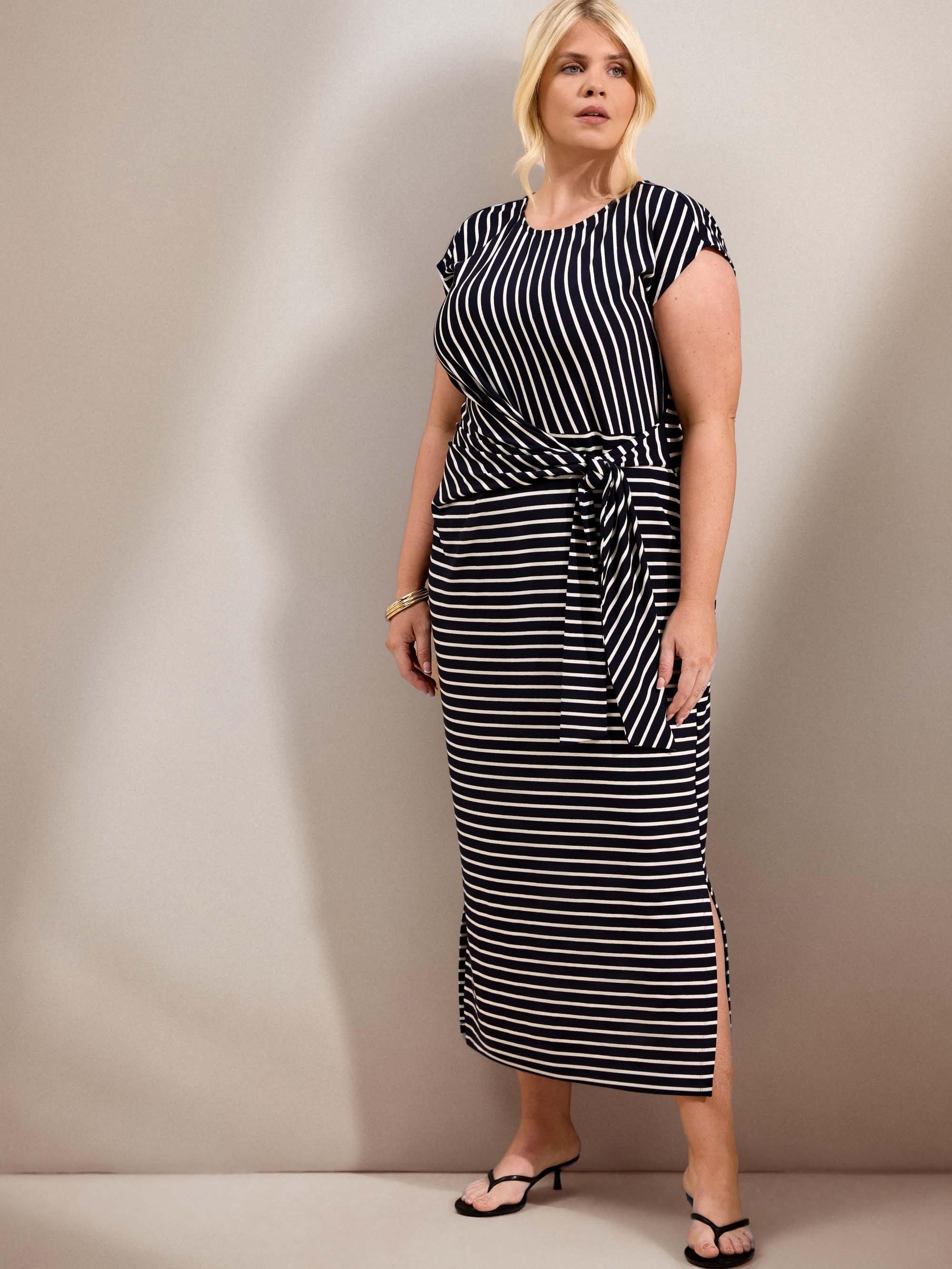 Navy Stripe Jersey Side Tie Maxi Dress