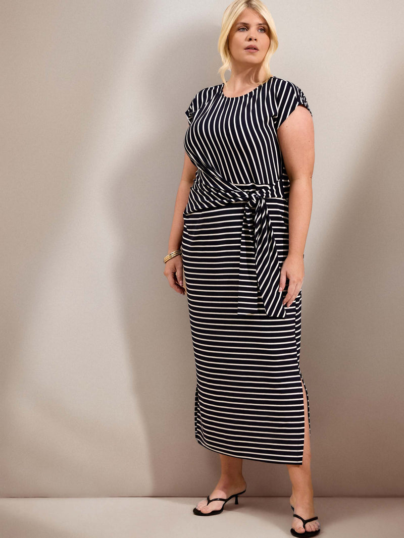 Navy Stripe Jersey Side Tie Maxi Dress