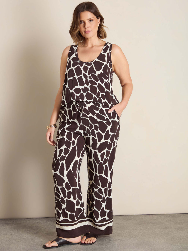 Plus Size Brown Animal Print Straight Leg Trousers with Drawstring Waist
