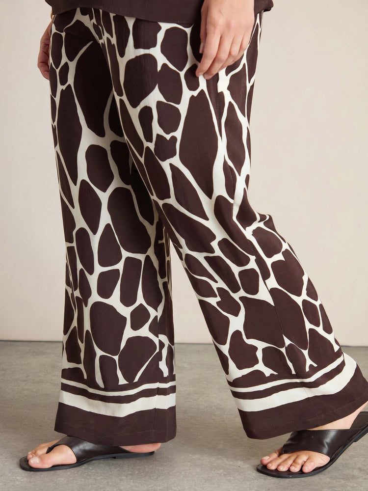 Plus Size Brown Animal Print Straight Leg Trousers with Drawstring Waist