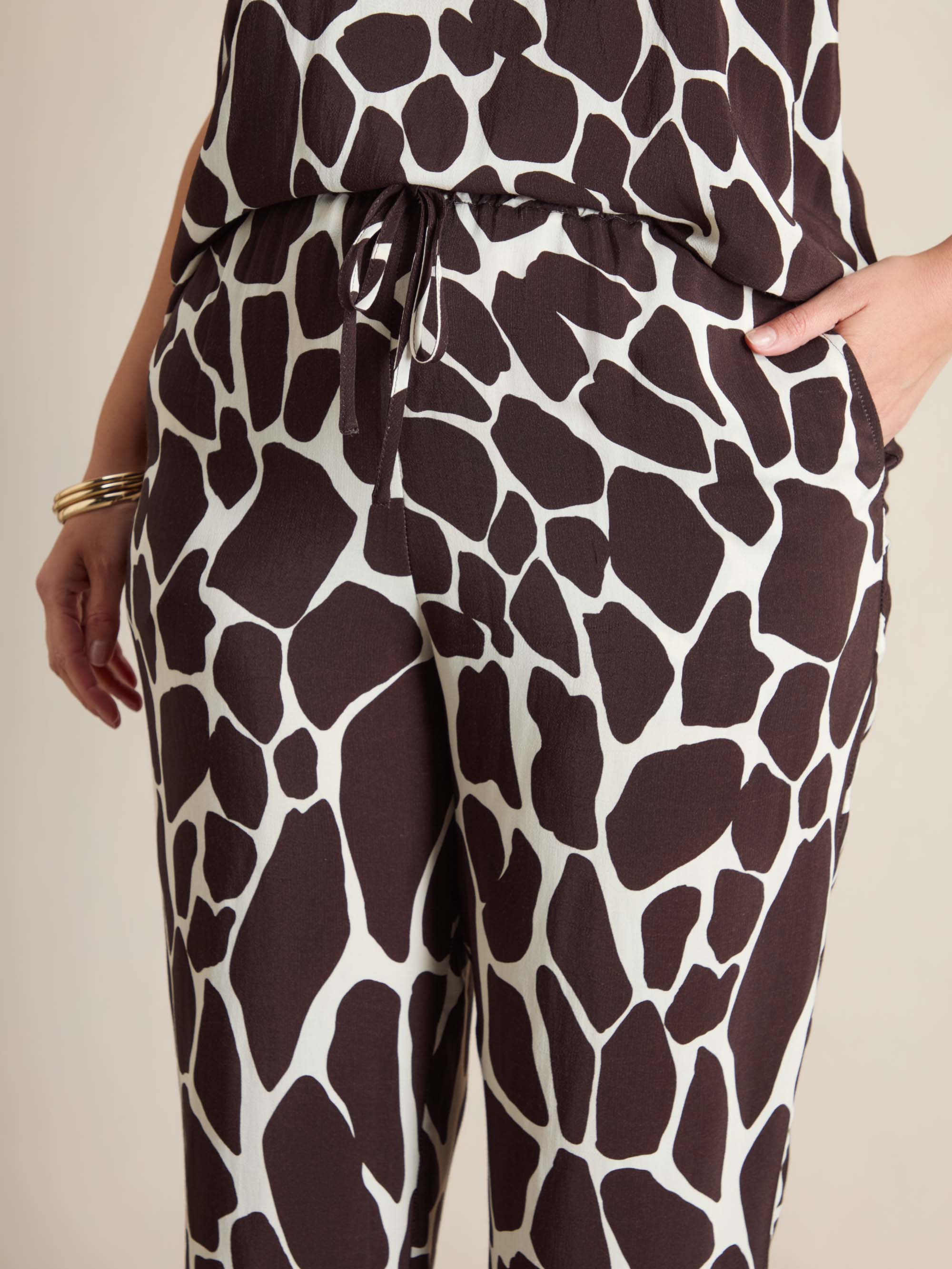Plus Size Brown Animal Print Straight Leg Trousers with Drawstring Waist
