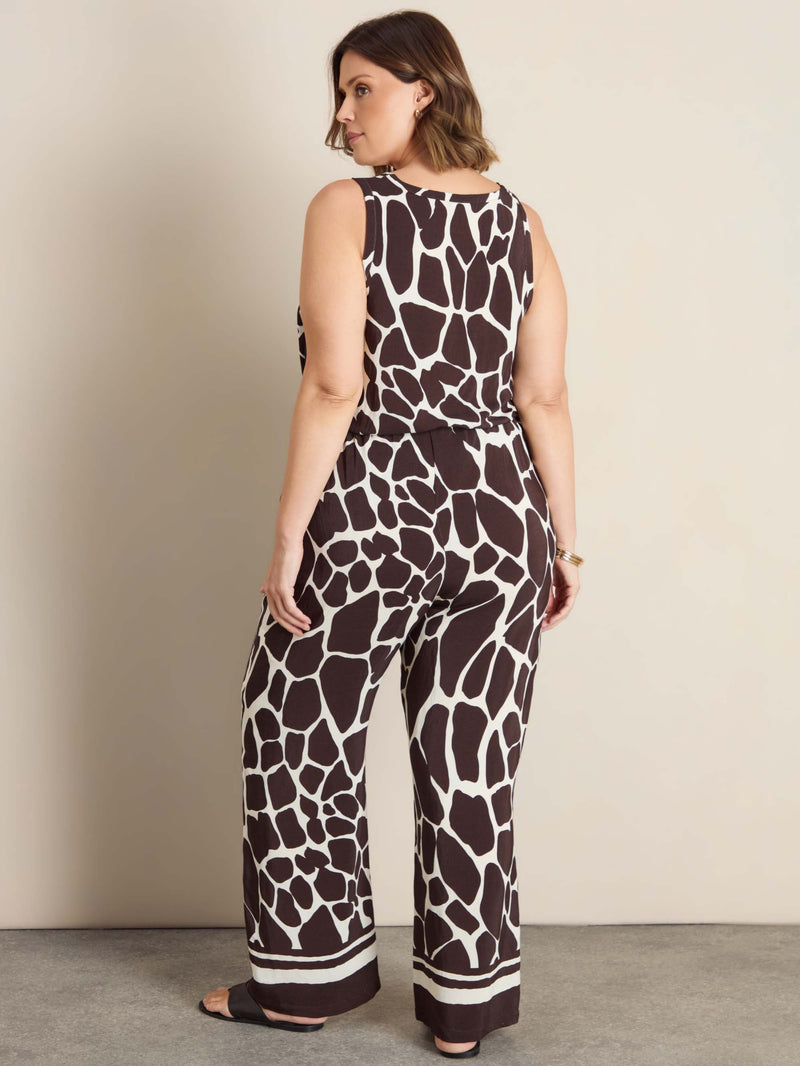 Plus Size Brown Animal Print Straight Leg Trousers with Drawstring Waist