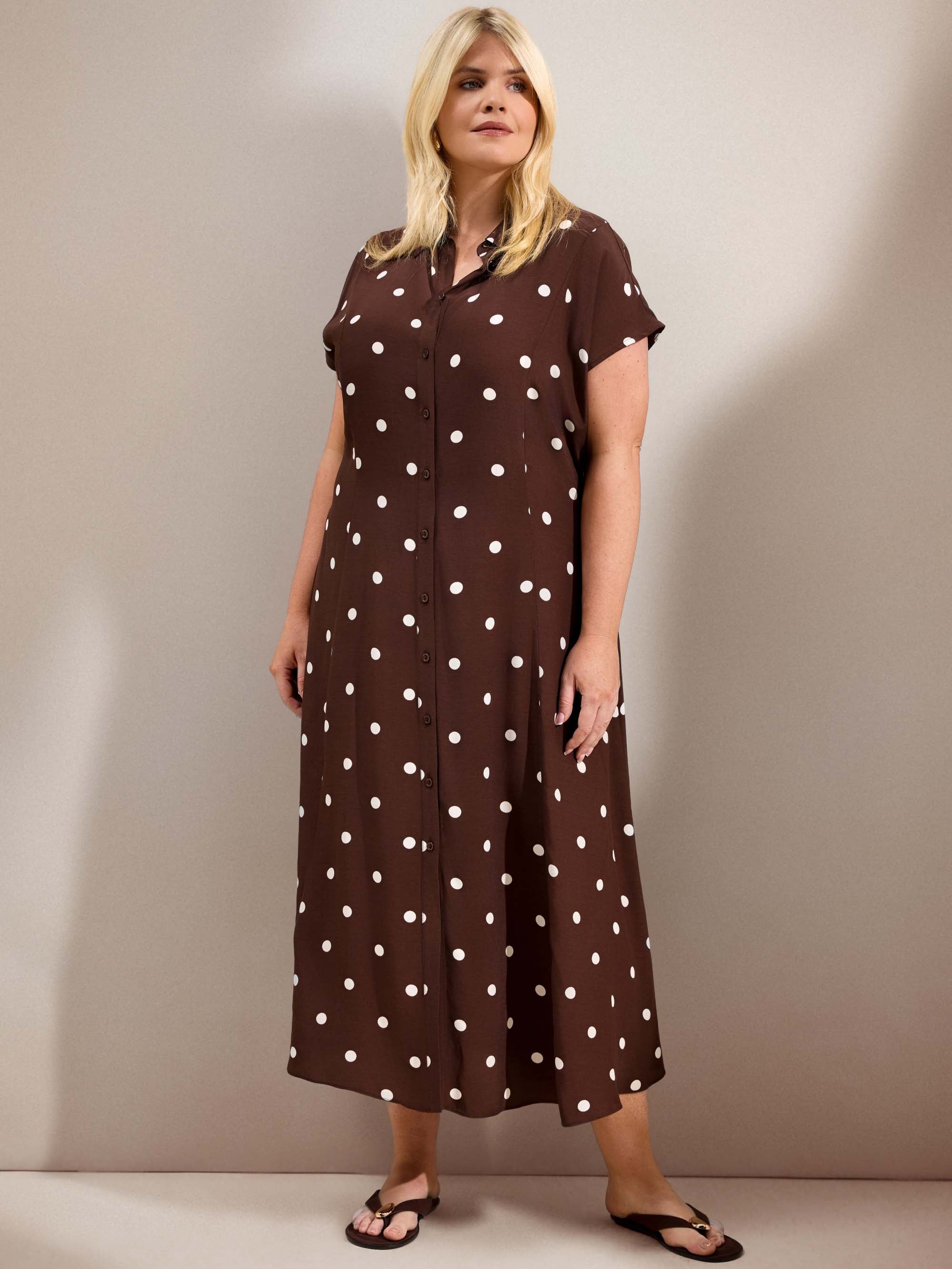 Chocolate Polka Dot Print Midaxi Shirt Dress
