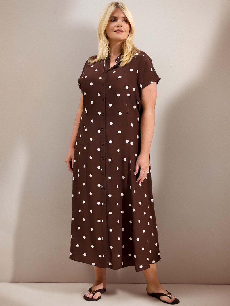 Chocolate Polka Dot Print Midaxi Shirt Dress