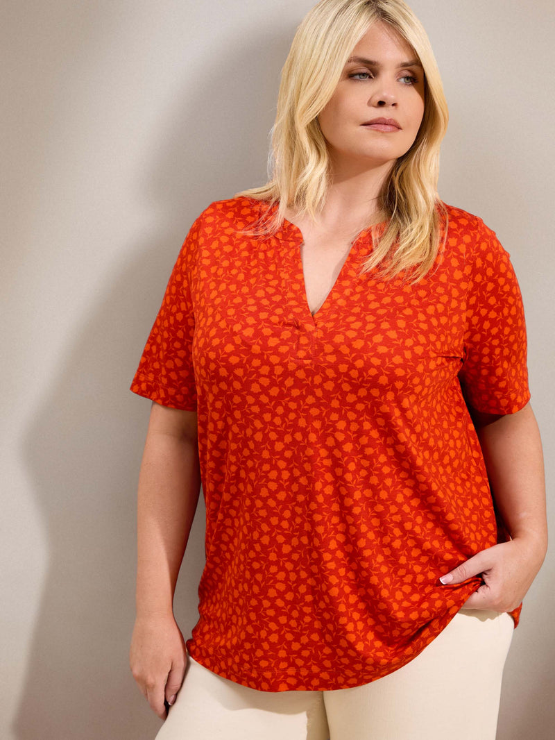 Orange Floral Print Nehru Collar Short Sleeve Jersey Top