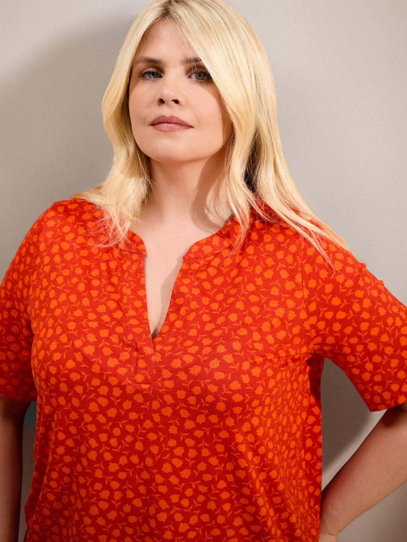 Orange Floral Print Nehru Collar Short Sleeve Jersey Top