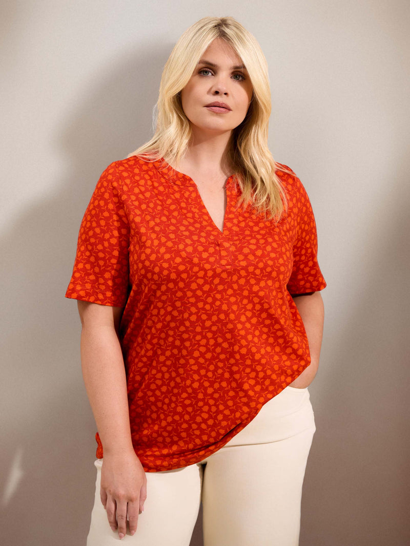 Orange Floral Print Nehru Collar Short Sleeve Jersey Top