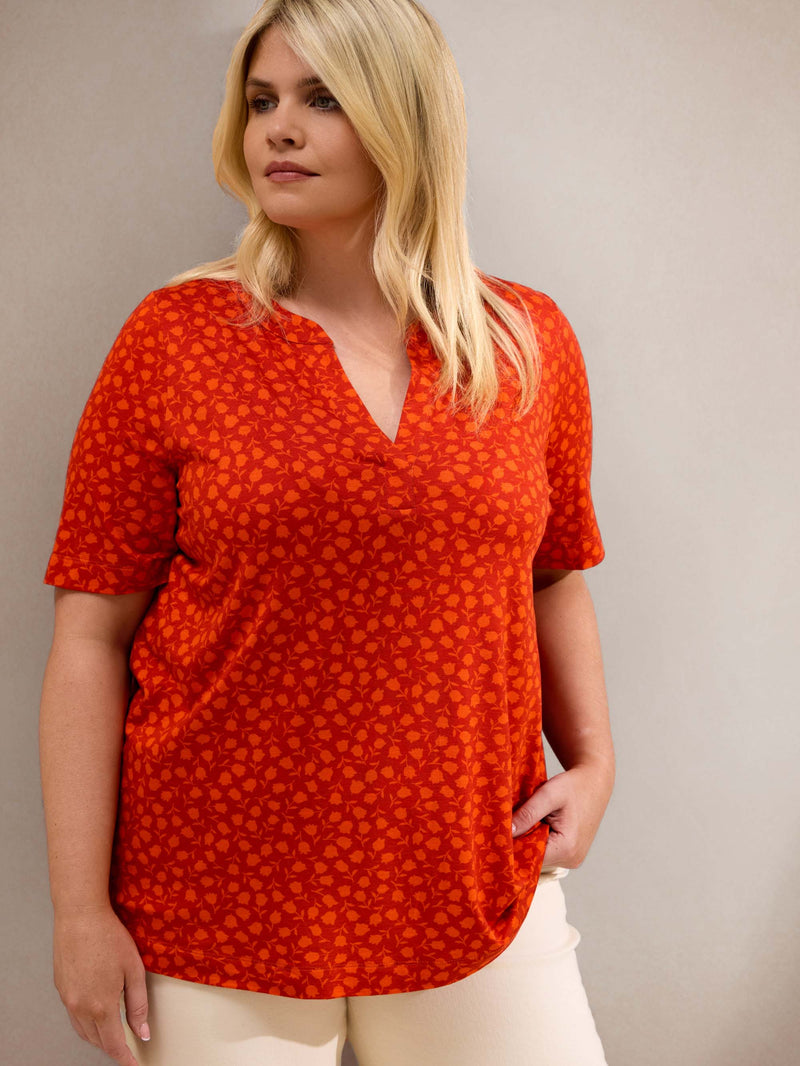 Orange Floral Print Nehru Collar Short Sleeve Jersey Top