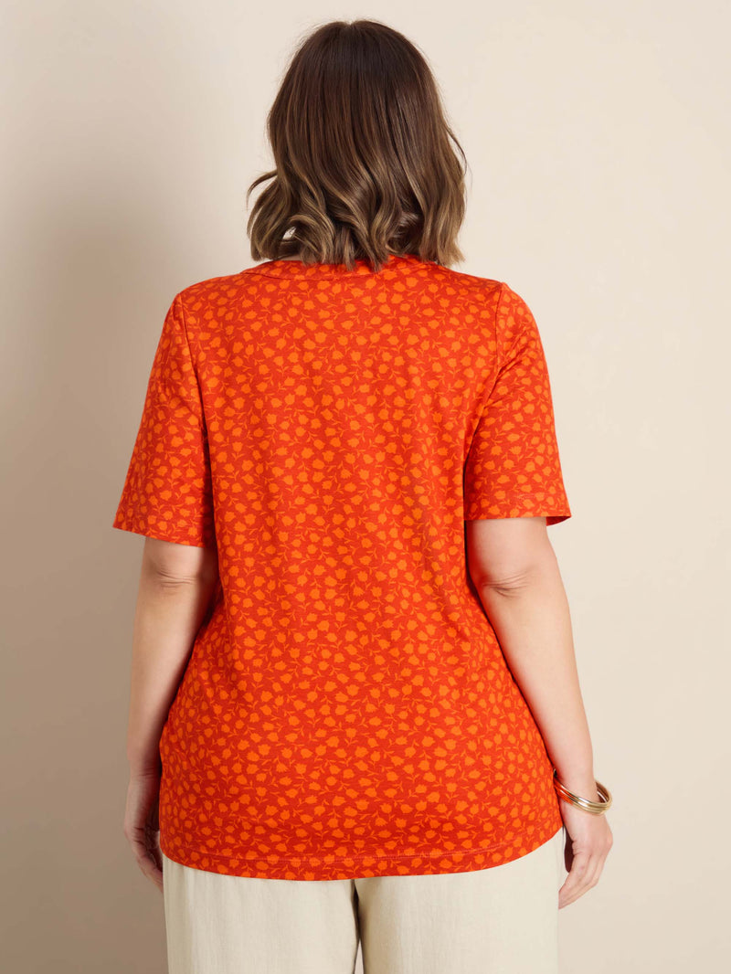 Orange Floral Print Nehru Collar Short Sleeve Jersey Top
