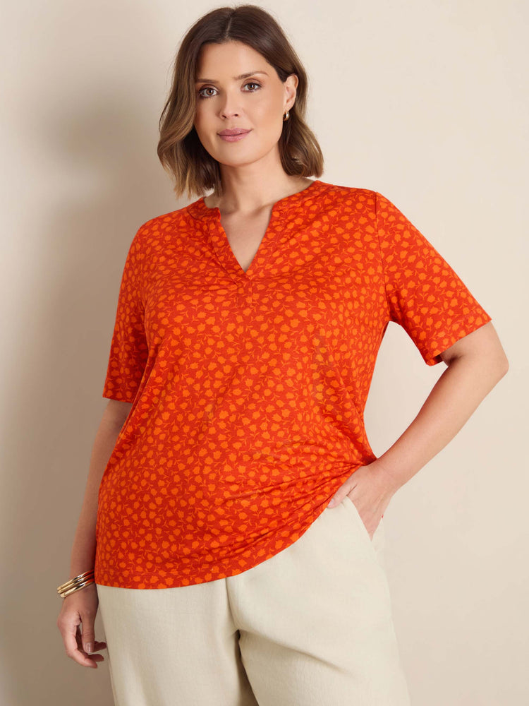 Orange Floral Print Nehru Collar Short Sleeve Jersey Top