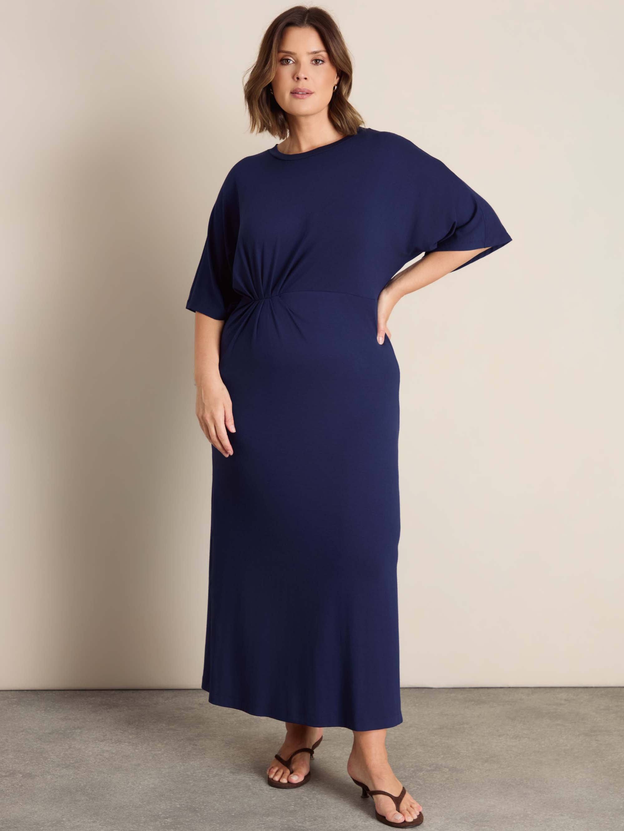 Navy Pleated Waist T-Shirt Dress
