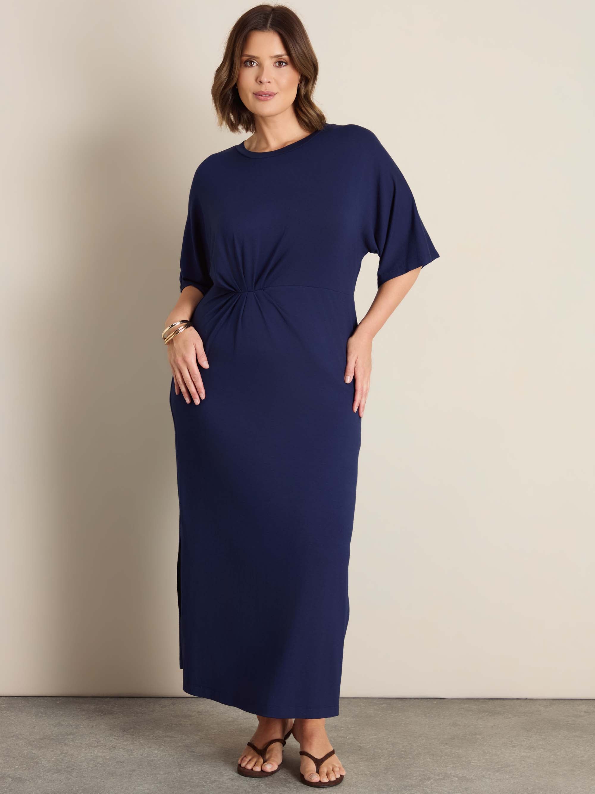 Navy Pleated Waist T-Shirt Dress