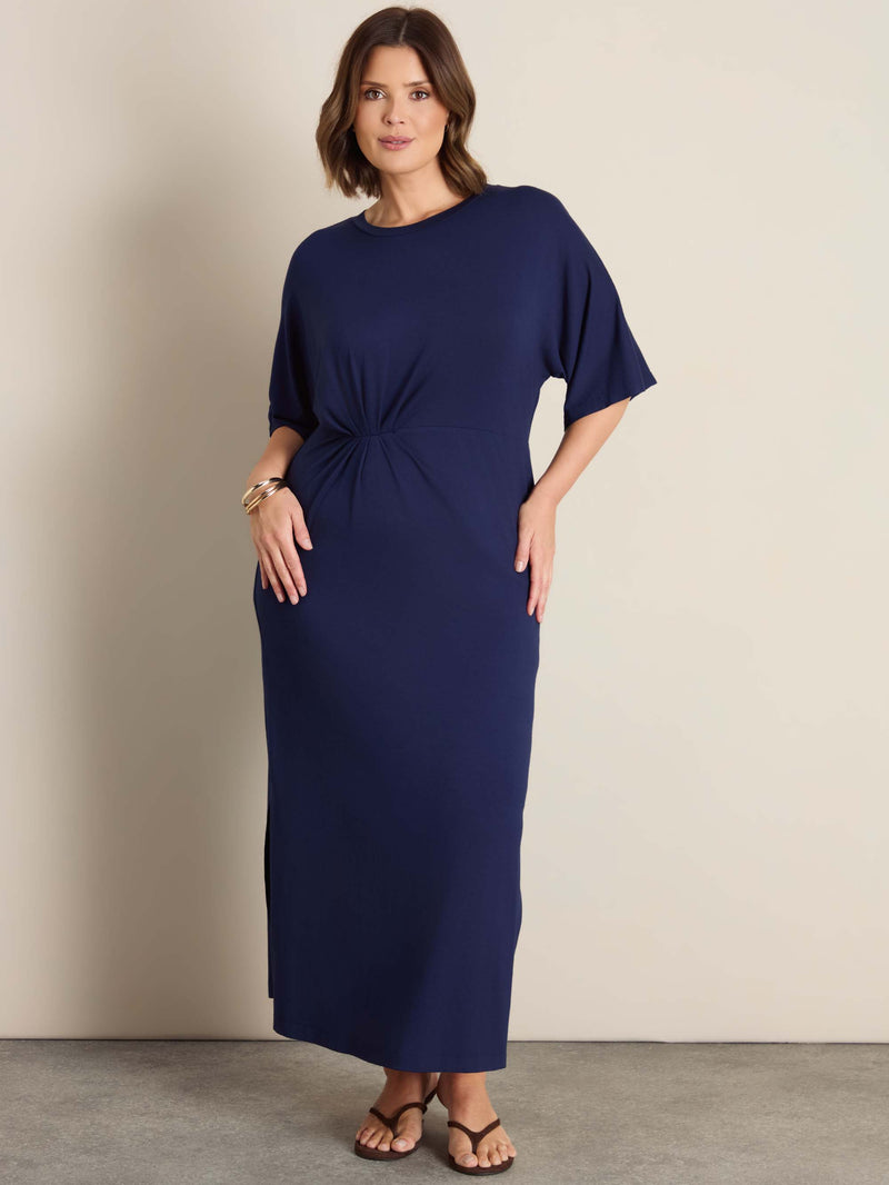 Navy Pleated Waist T-Shirt Dress