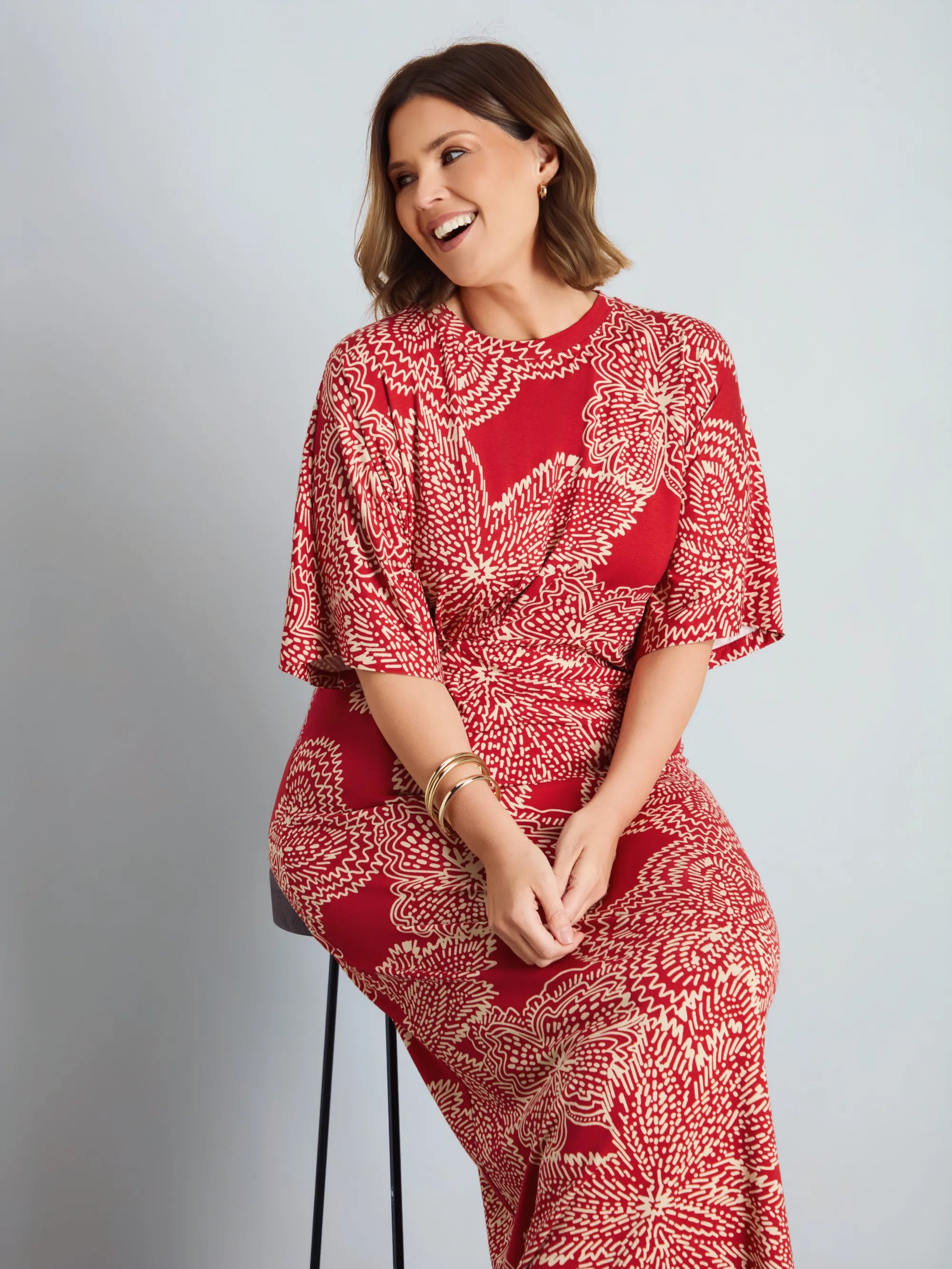 Red Abstract Floral Print Side Ruched Jersey Maxi Dress