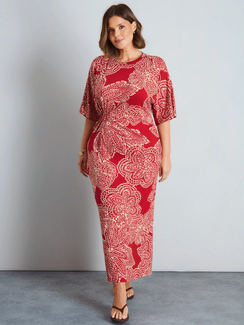 Red Abstract Floral Print Side Ruched Jersey Maxi Dress