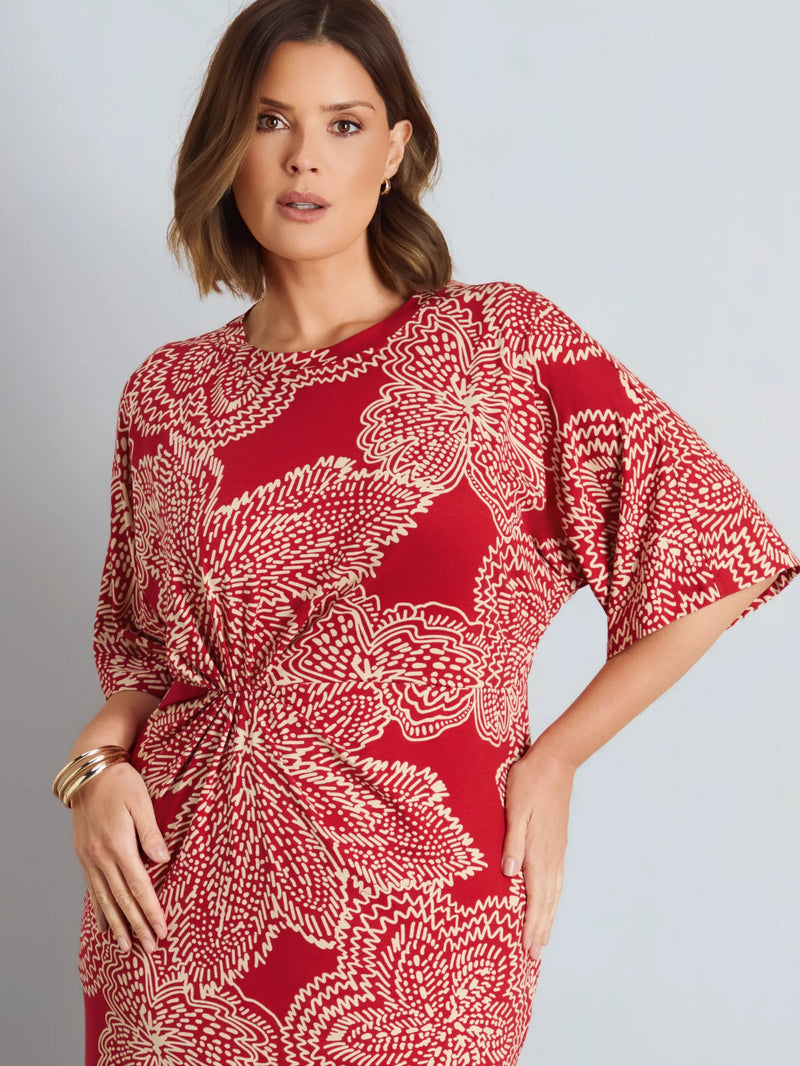 Red Abstract Floral Print Side Ruched Jersey Maxi Dress