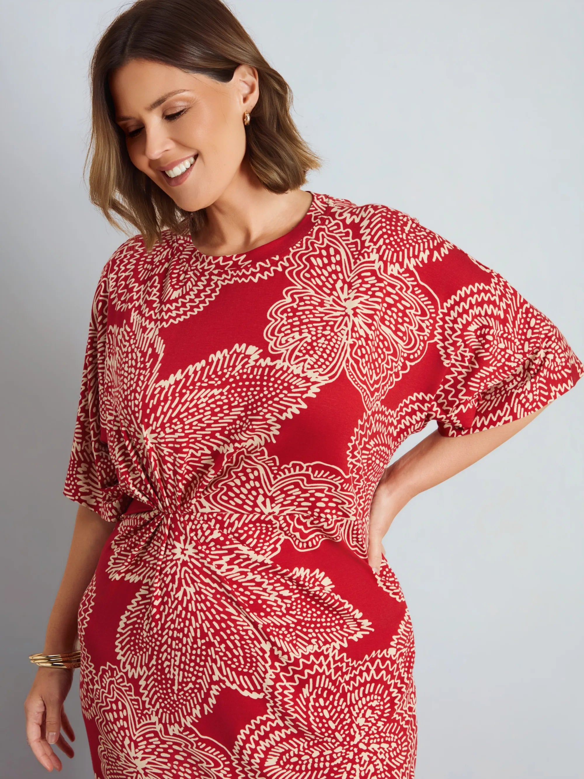 Red Abstract Floral Print Side Ruched Jersey Maxi Dress