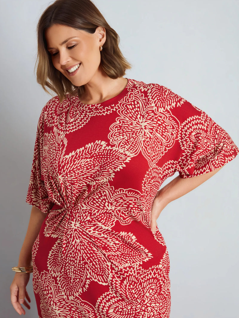 Red Abstract Floral Print Side Ruched Jersey Maxi Dress